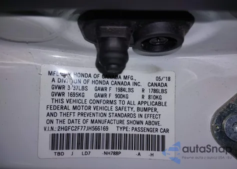 2018 Honda Civic Ex z USA, uszkodzony, nr VIN 2HGFC2F77JH566169